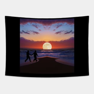 Valentine Wall Art - Cosmic date setting moon by the sea - Unique Valentine Fantasy Planet Landsape - Photo print, canvas, artboard print, Canvas Print and T shirt Tapestry