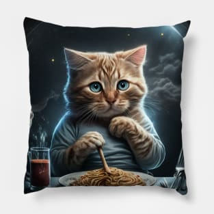 Funny and Cute Cat Eating Spaghetti at the Table Pillow