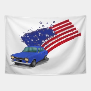 Iconic Ford Escort From the 70s with the American Flag behind - illustration Tapestry