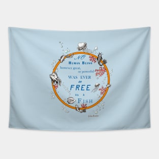 Inspirational quote from a Victorian philosopher on freedom and fish. Blue and orange design. Tapestry