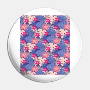 Tropical Blue and Pink Pattern with Monstera & Palm Tree Leaves & Exotic Flowers Pin