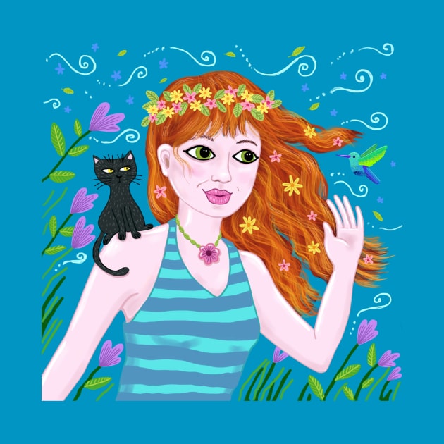 The cat, the hummingbird, and the pretty girl by SoozieWray