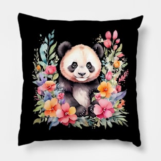 A panda bear decorated with beautiful watercolor flowers Pillow