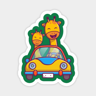 Cute Giraffe Riding Car Cartoon Magnet