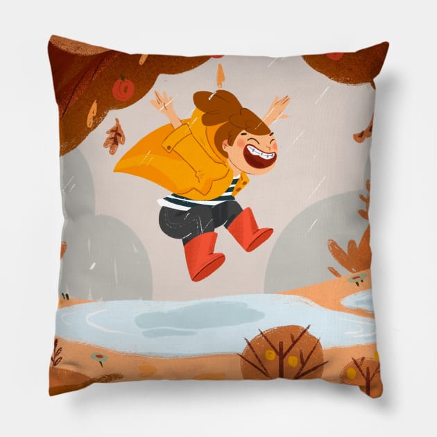 Jumpin' in the rain Pillow by Four Seasons Fox