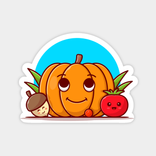 Happy Cute Pumpkin with Cute Acorn and Tomato Cartoon Vector Icon Illustration Magnet