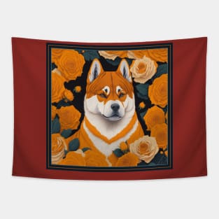 Dogs, akita inu and flowers, dog, seamless print, style vector (yelloow version 2 akita-inu, hachi) Tapestry