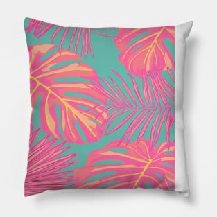 Tropical Leaves in Pink and Turquoise Pillow