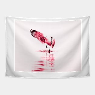 Seagull skipping across water in monochrome red on white in illustrative style Tapestry