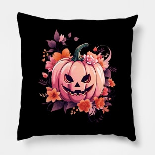 Whimsical Halloween pink Pumpkin, Pink Pumpkin face, with floral and orange flowers, cute Halloween Pillow