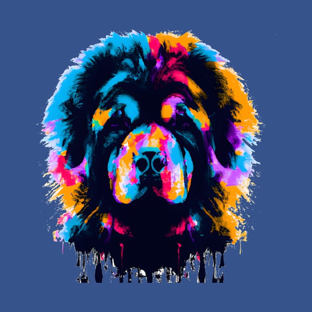 Fluffy Tibetan Mastiff Dog Colorful Ink Drip Art by Furrban