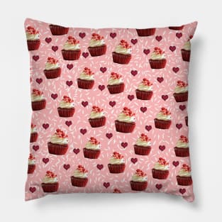 Red Velvet Cupcake Pattern with Hearts on Pink Background Pillow