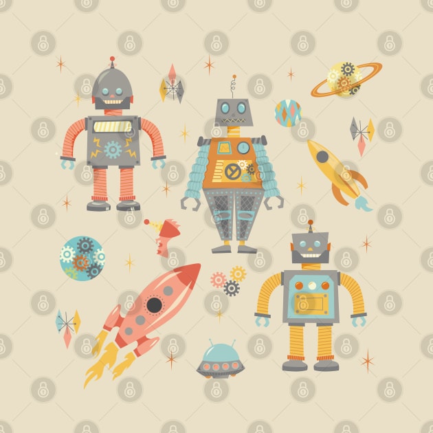 Vintage Inspired  Robots in Space by latheandquill