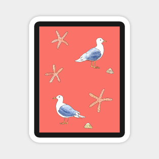 Seagull illustration with coral pink background Magnet