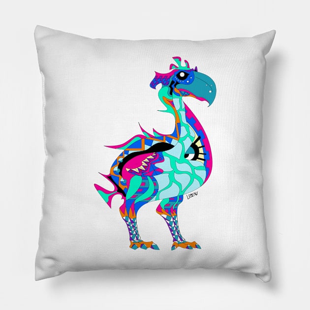 gastornis dinosaur bird in ecopop totonac tribal pattern wallpaper colors Pillow by jorge_lebeau