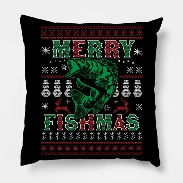 Merry Fishmas Funny Xmas Fishing - Ugly Christmas Sweater Pillow by OrangeMonkeyArt