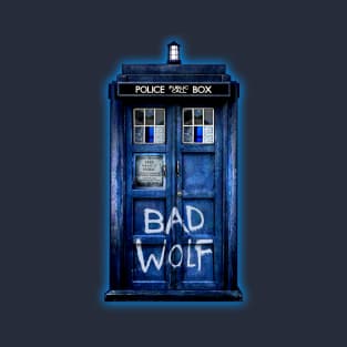 Blue Phone booth with Bad wolf grafitti T-Shirt