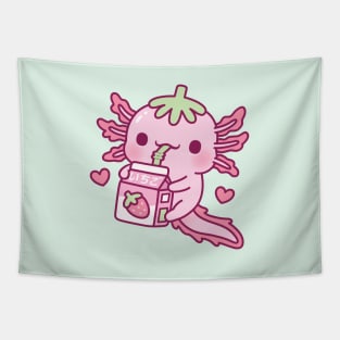 Cute Axolotl Loves Drinking Strawberry Milk Tapestry