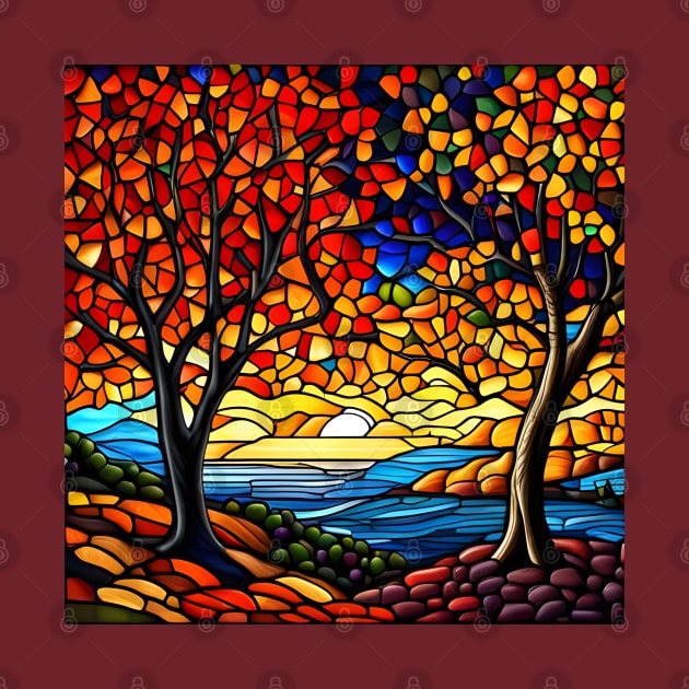 Stained Glass River Running Amid Autumn Foliage by Chance Two Designs