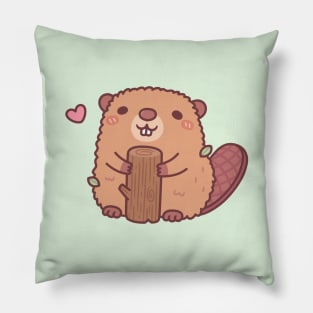 Cute Beaver Holding A Piece Of Wood Pillow