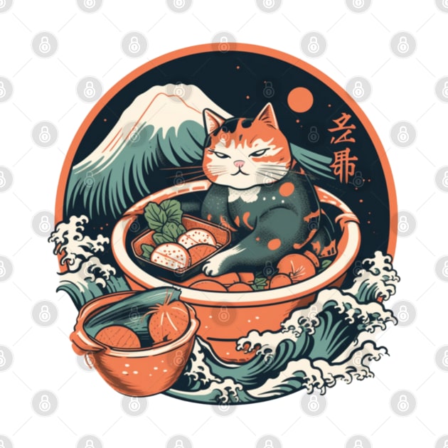 Cat Eating Sushi, Great Wave Hokusai by ModernStyle610