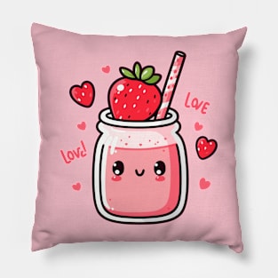 Strawberry Milkshake Drink with Strawberries and Hearts in Kawaii Style | Cutesy Kawaii Pillow