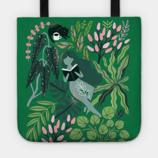 Reading girls among the plants with cats in the jungle Tote