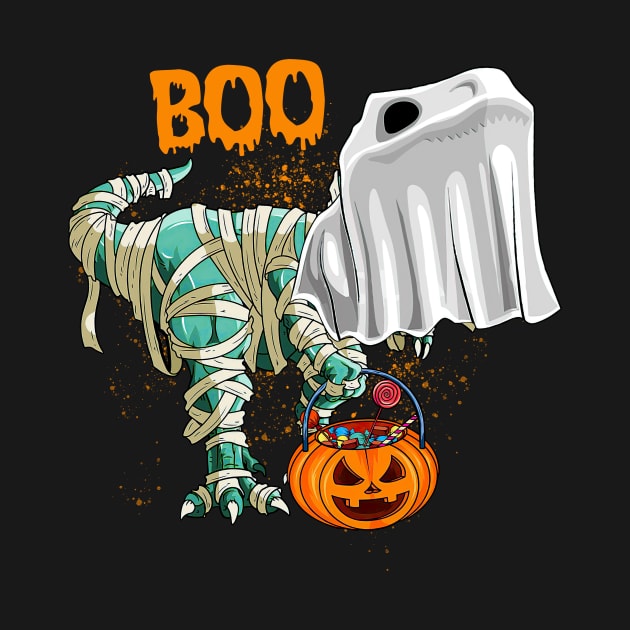 Ghost Dinosaur T-rex Funny Boo Halloween Boys Men Pumpkin Shirt by WoowyStore