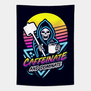 Caffeinate And Dominate (Gym Reaper) Retro Neon Synthwave 80s 90s Tapestry