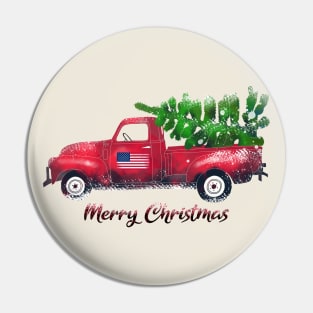 Vintage Watercolor Red Truck Carrying Xmas Tree Merry Christmas Pin