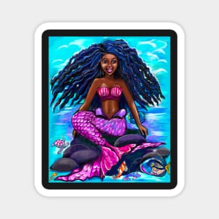 Black mermaid with flowing locks singing , brown eyes Afro hair and caramel brown skin Magnet