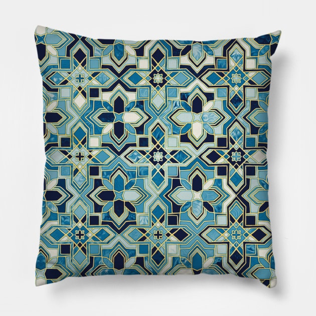Moody Moroccan Blues Gilded Tile Patchwork Pillow by micklyn