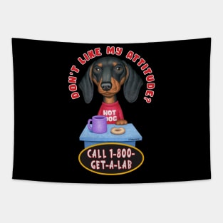 funny cute awesome doxie Black Dachshund sitting at Table Tapestry