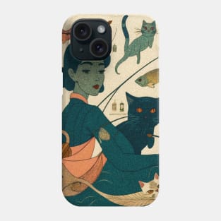 Vintage Art: Portrait of Girl Fishing with her cats Phone Case