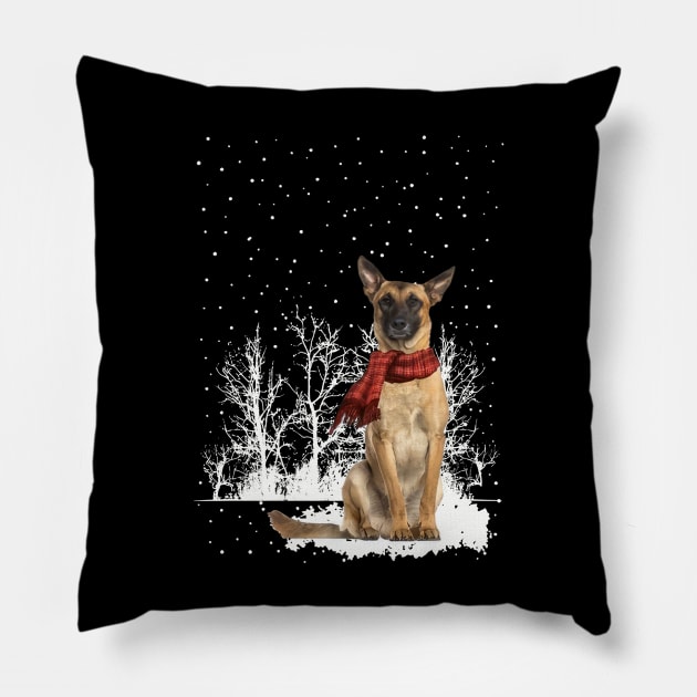 Chistmas Belgian Malinois With Scarf In Winter Forest Pillow by SuperMama1650