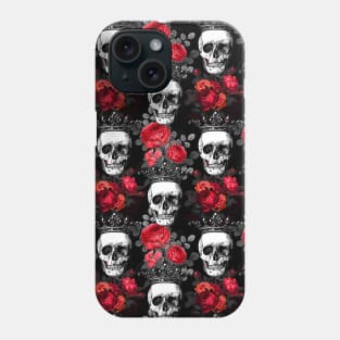 Skulls crowns and faded red roses on a dark black background Phone Case