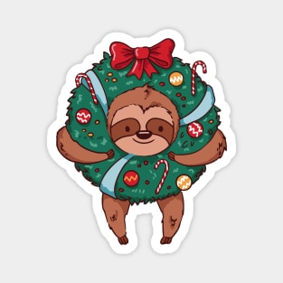 Merry Slothmas // Cute Cartoon Sloth in Christmas Wreath Magnet