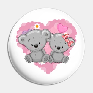 Two cute love bear cubs on the background of a heart Pin