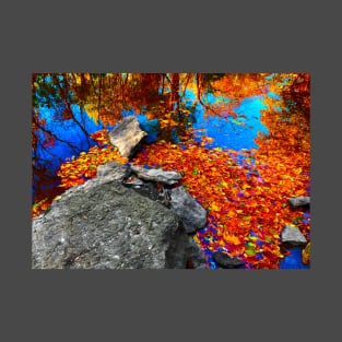 Brilliant fall foliage reflecting on calm water T-Shirt