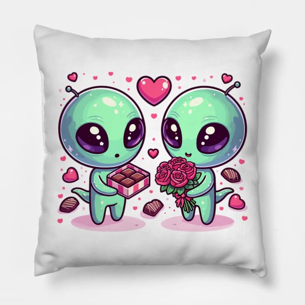 Cosmic Love: Aliens Sharing Earthly Affection Pillow by WEARWORLD