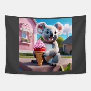 A Koala Bear Eating Strawberry Ice Cream Outside A House Made Of Strawberry Ice Cream Tapestry