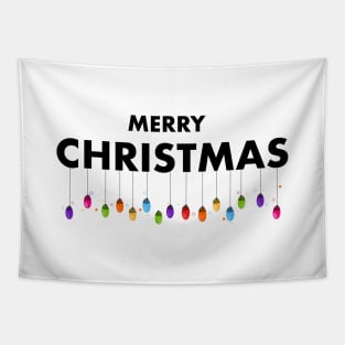 Merry Christmas text with hanging colorful light bulbs Tapestry