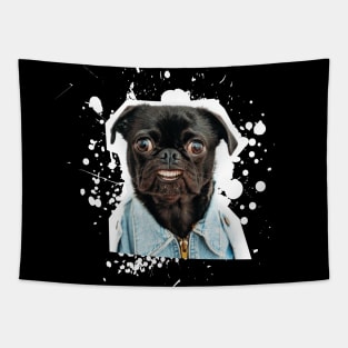 Smiling dog in a denim jacket with human teeth Tapestry