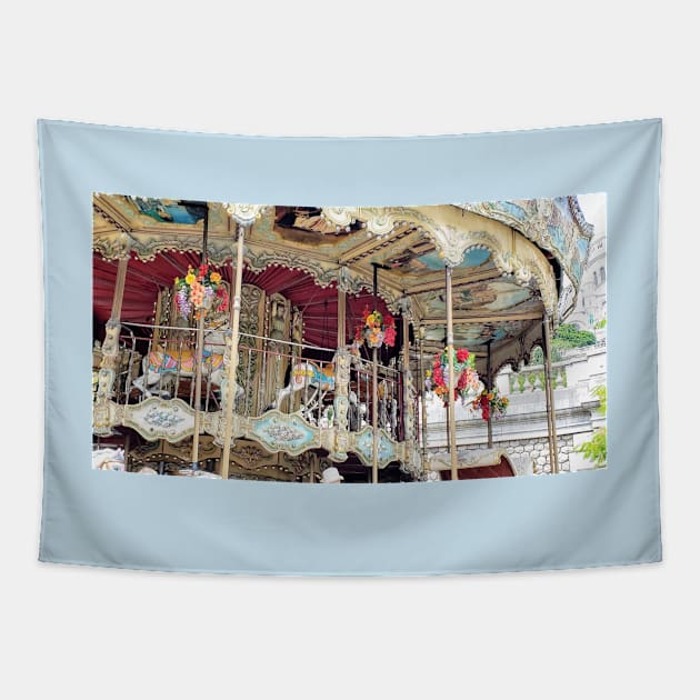 Paris Montmartre Carousel with Sacre-Coeur in the Background Tapestry by BlackBeret