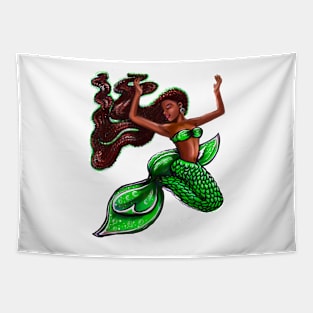 Black mermaid with rainbow fins, red locs Afro hair and brown skin. African American Mermaids Tapestry