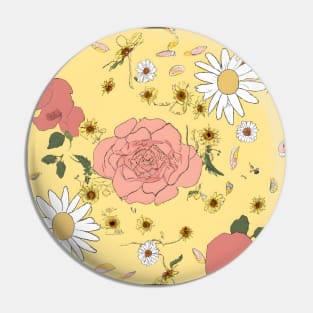 Delicate Hand-Sketched Flowers: Vintage Wallpaper with Daisies and Roses on Yellow. Pin