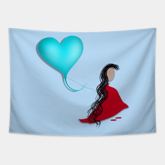 Girl in a red dress holding a blue balloon Tapestry by FlippinTurtles