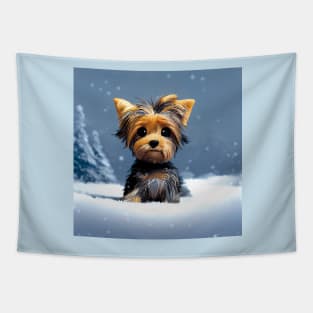 Cute Yorkshire Terrier Puppy in the winter snow Tapestry