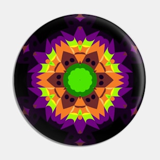 Retro Mandala Flower Green Orange and Purple Pin