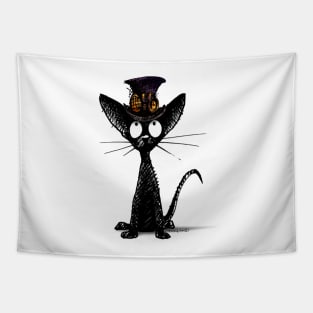 Funny Black Oriental Cat in a Steampunk Hat and Brass Goggles Tapestry